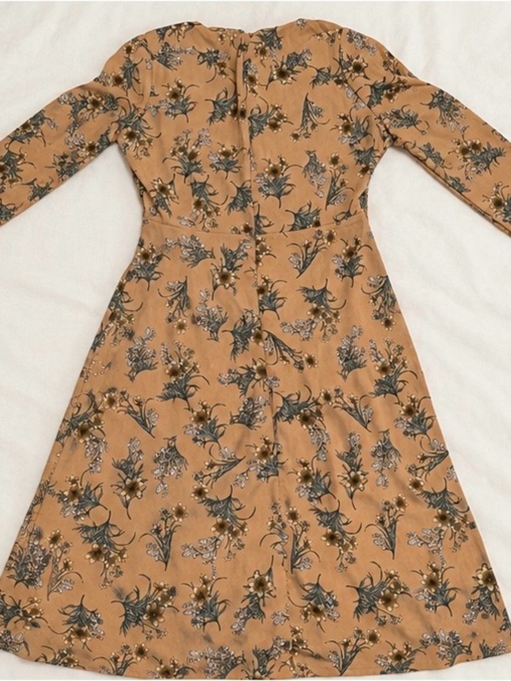 Floral Long-Sleeve A-Line Dress in Camel